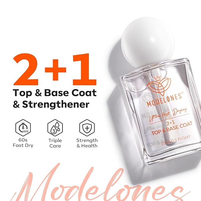 modelones Clear Nail Polish 3-in-1 Top Coat and Base Coat, Nail Strengthener, 15 Ml Quick Dry Long Lasting Shine Chip Fade Resistant Nails Protect Care Gifts for Women