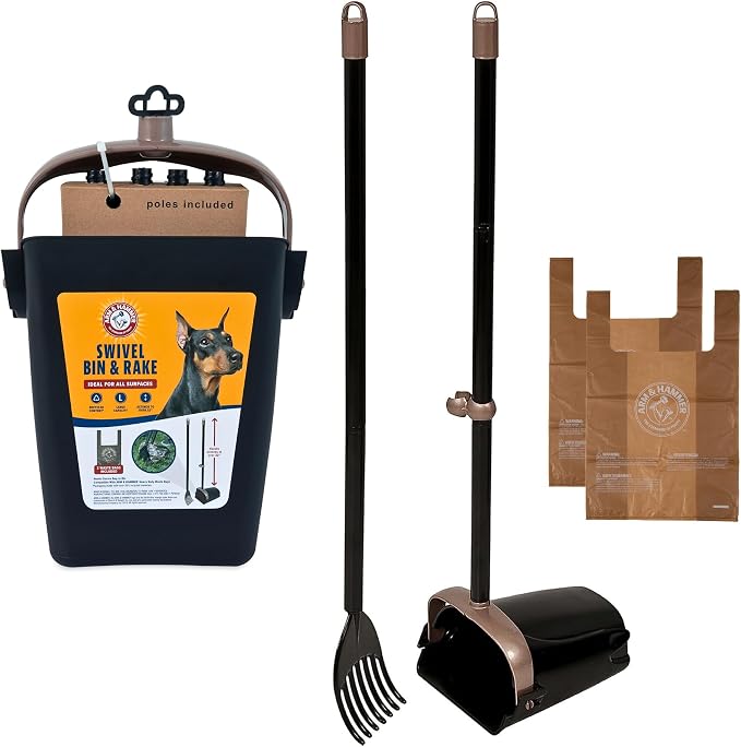 Arm & Hammer Swivel Bin & Rake Dog Pooper Scooper, Includes 2 Waste Bags | Includes 2 Heavy Duty Scented Waste Bags for Easy, No Touch Disposal