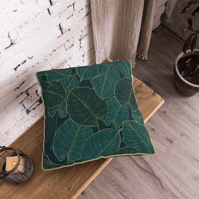 Green Gold Leaf Velvet Pillow Covers 18x18 Inch Minimalist Tropical Palm Leaves Throw Pillows for Couch Farmhouse Cushion Covers Pillowcase Plant Botanical Pillow Cases for Sofa Bed Outdoor Decor