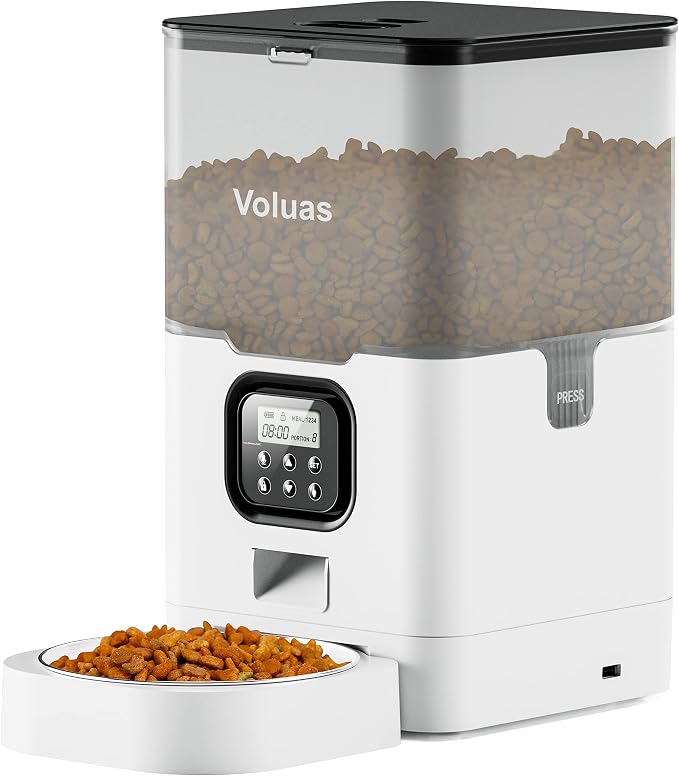 VOLUAS Automatic Cat Feeder, 6L Timed Dry Food Dispenser for Cats & Dogs | Programmable Portion Control, Up to 4 Meals Daily, Dual Power Supply, Power-Off Memory, 10-Second Voice Recorder