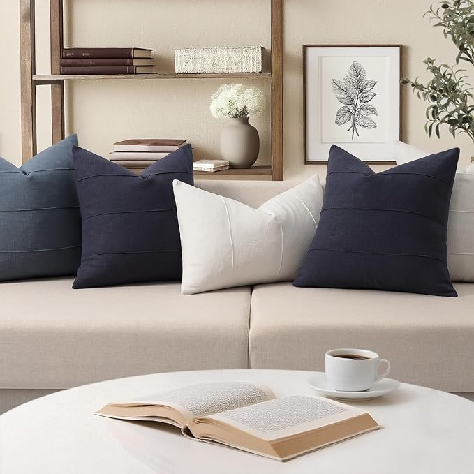 Decorative Linen Throw Pillow Covers 24x24 Set of 2 Solid Handcrafted Striped Cushion Covers for Bed Soft Modern Farmhouse Neutral Pillowcase for Couch Bedroom Living Room Home Decor(Dark Navy)