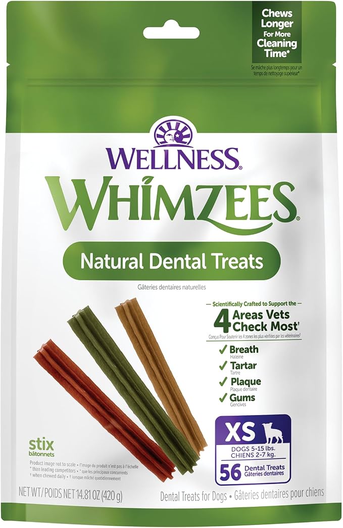Wellness WHIMZEES Stix Natural Dog Dental Treat, Chews, Freshens Breath, Extra-Small Size, 14.81 oz Bag, 56 Count