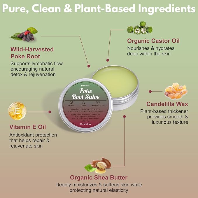Castor Oil & Poke Root Herbal Salve, Vegan Lymphatic Support Massage Balm for Breast Care, Joint Massage, Neck, Underarms & Deep Tissue Comfort, Natural Moisturizing Body Ointment, 2oz