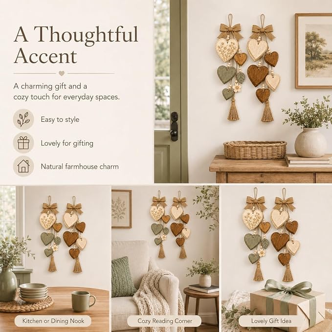 Rustic Solid Wood Heart Wall Hanging, Farmhouse Burlap Bow Decor with Distressed Wooden Hearts & Pendants, Romantic Art for Bedroom & Home Room, Vintage Charm Art Decor Signs(All Styles)