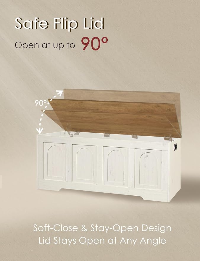 Storage Chest, Wooden Toy Box, Honey Brown & Rustic White 50.0" L | Extra Large Storage Bench, 2 Soft-close Hinges, Finger-safe Flip-Top Lid, Easy Assembly, Farmhouse Trunk, Living Room/Bedroom