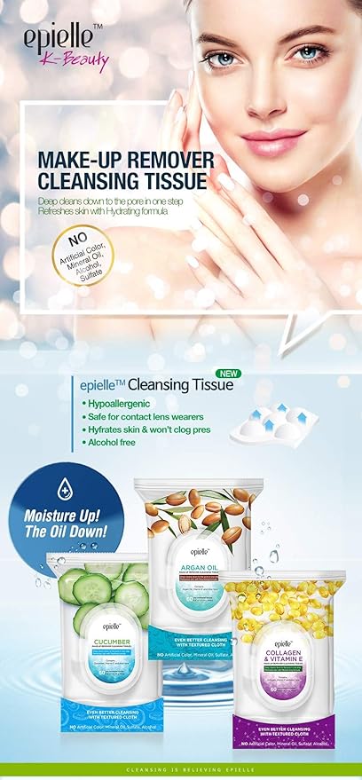 Epielle Aloe Vera Makeup Remover Wipes, Gentle Daily Facial Cleanser Towelettes, Remove Dirt, Oil & Waterproof Mascara, Stocking Stuffers, 60 Count (Pack of 2)