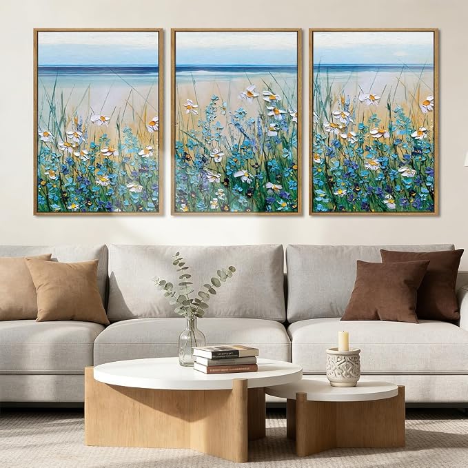 Blue Seaside Cyan Floral Wall Decor Wildflower Canvas Painting Framed Floral Prints Decor for Living Room Bedroom 16x24 Inch Set of 3