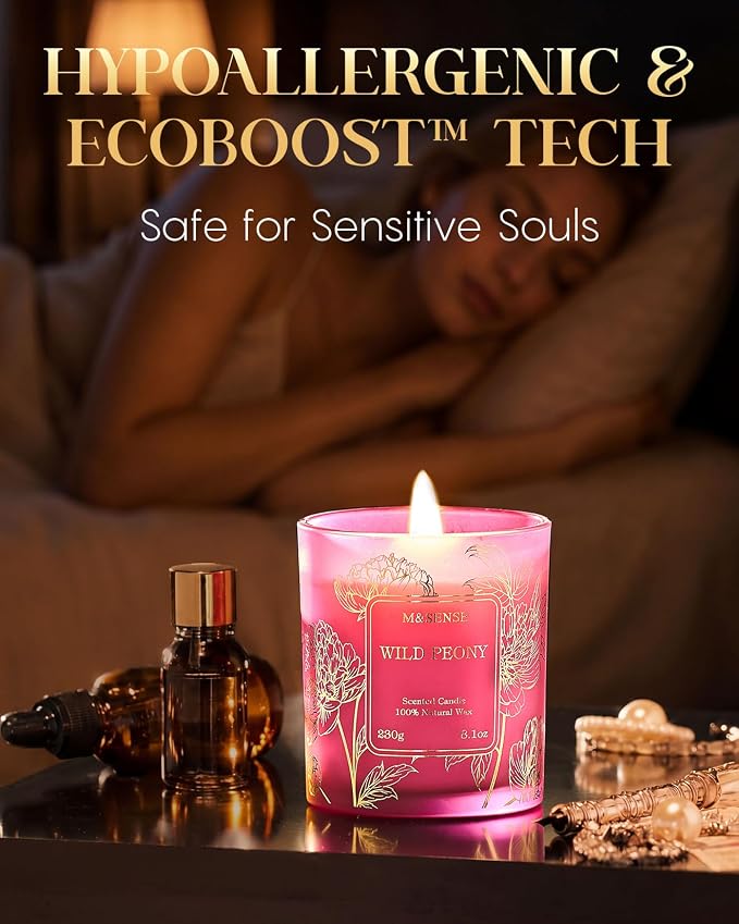 M&SENSE Wild Peony Soy Candle, 8.1oz Gilded Glass, Romantic Spa Night | 42H Long Burn, Sensitive-Safe, No Toxin, Romantic Home Fragrance, Women's Gift