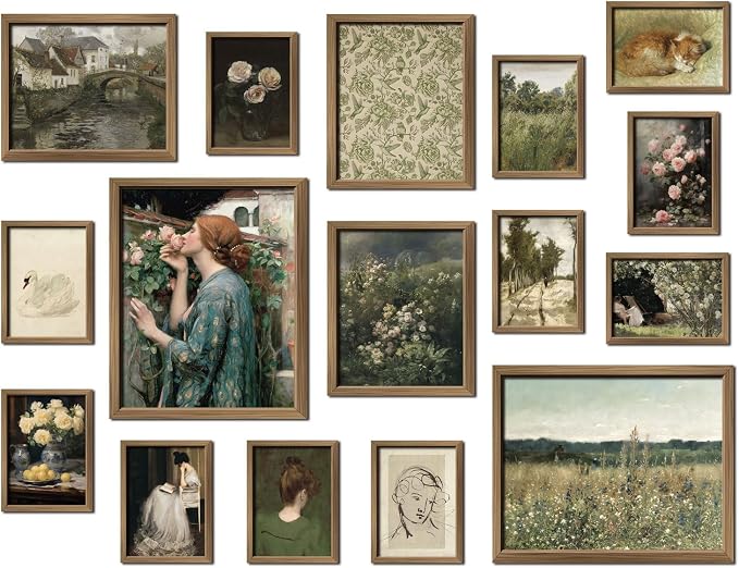ANERZA 16 PCS Framed Vintage Wall Art Decor, French Country Wall Prints for Bedroom, Landscape Gallery Wall Frame Set, Farmhouse Posters for Living Room Aesthetic, Rustic Collage Kit, Dorm Home Decor