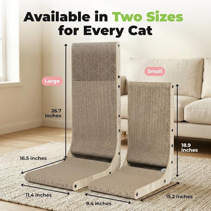 Best Pet Supplies Catify L-Shaped Cardboard Cat Scratcher - H: 19" | 15"x 9"x19", Ball Toy Included, Durable Corrugated Cardboard, Space Saving Design, Furniture Protector, Indoor Cats & Kittens