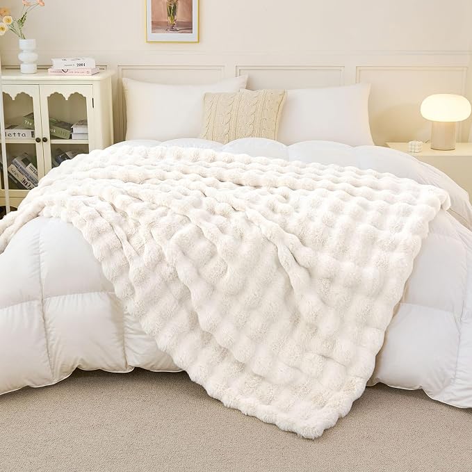 Faux Rabbit Fur Throw Blanket for Couch Gifts for Women 60"x80" Cream White | Cozy Reversible Fluffy Throw, Luxury Plush Thick Bubble Blanket, Mothers Gifts for Women, Soft Warm for Bed, Home Decor