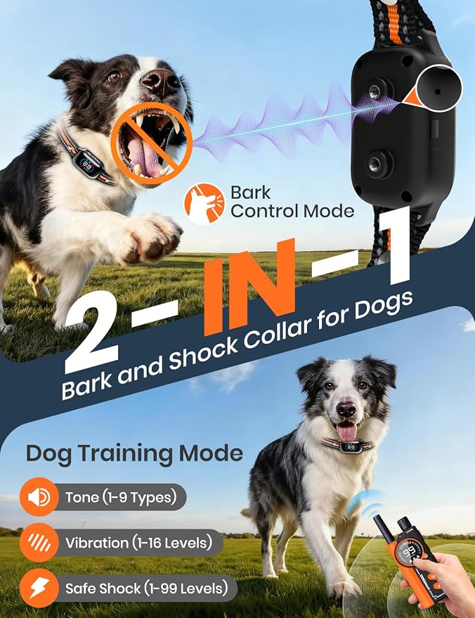 Smart 2-in-1 Dog Shock and Bark Collar - AI Anti-Misoperation | 3300FT Remote Training Collar, IPX7 Waterproof, 4 Modes (Tone, Vibration, Safe Shock, Auto Anti-Bark) for Dogs - Orange