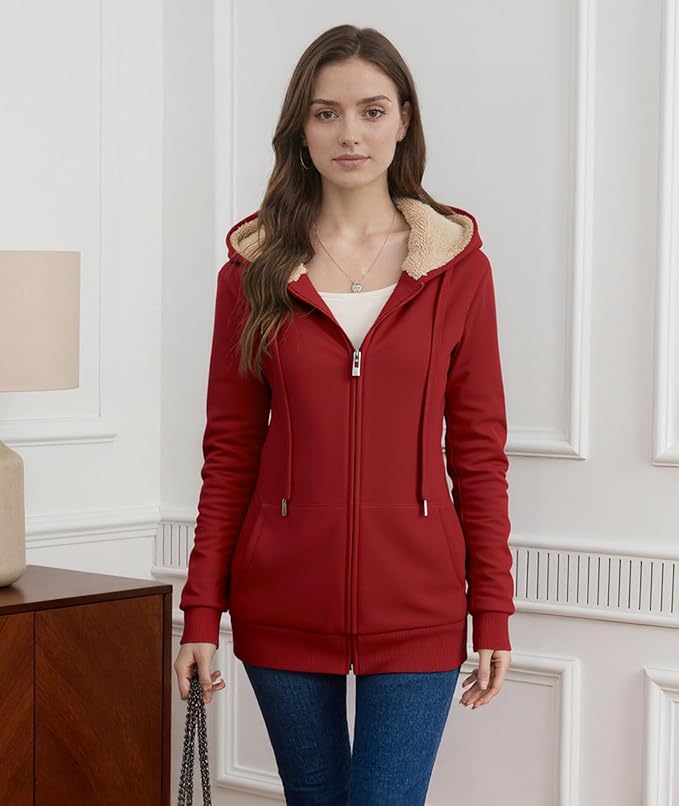 Little Beauty Womens Zip Up Hoodies Winter Thick Fleece Lined Hooded Jacket Casual Cozy Warm Sweatshirt Coat