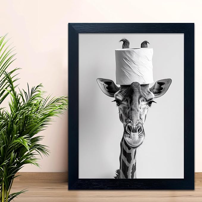 Framed Funny Bathroom Wall Art Giraffe with a Toilet Paper Roll on Head Print Black and White Bathroom Pictures Wall Decor Humor Animal Canvas Artwork