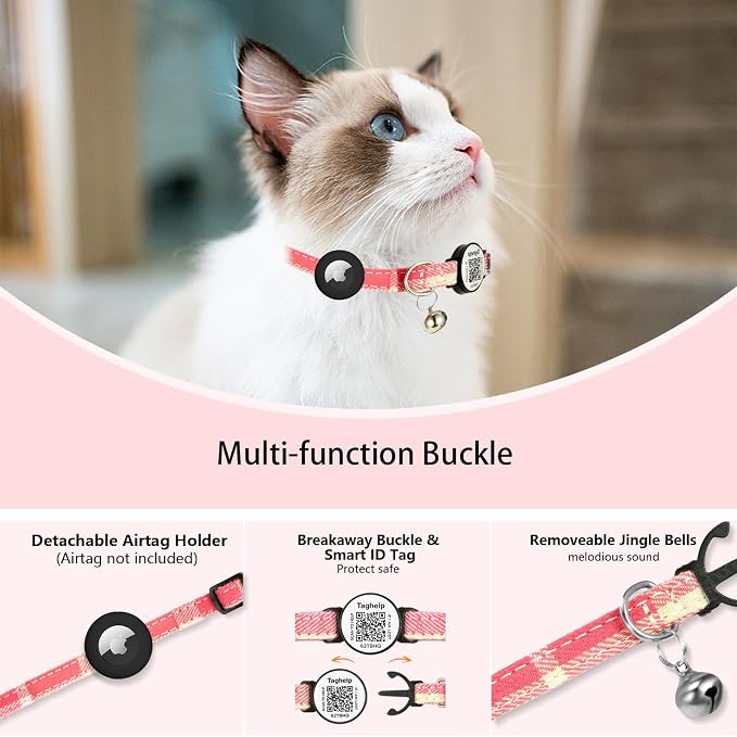 Grid Cloth Breakaway Cat Collar with Smart ID tag with AirTag Holder and Bell, Light, Adjustable,AirTag, Integrated Air Tag Cat Collar for Apple.Tracker for Girl Boy Cats Kittens(Green)