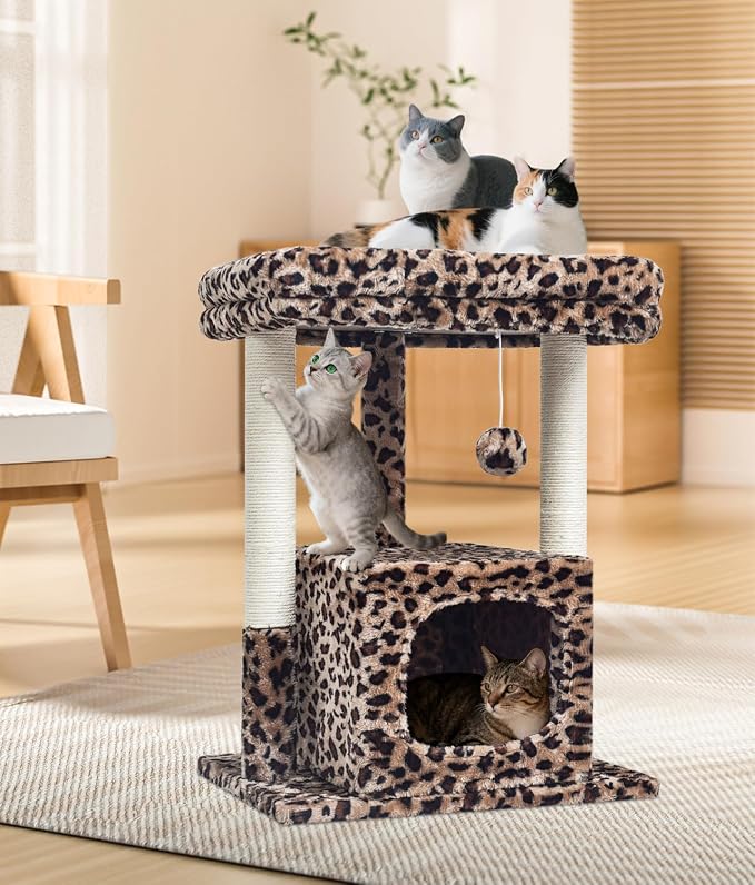 SYANDLVY 27" Cat Tree for Indoor Cats, Activity Tower with Scratching Posts | Modern Kitten Condo with Plush Perch & Hanging Ball for Play, Leopard Print