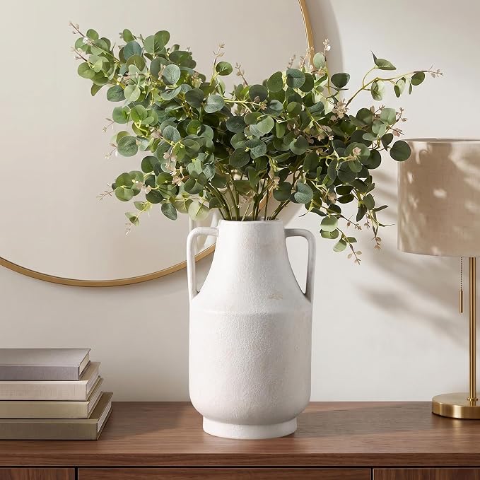 Ceramic Flower Vase with Handles, 11in Tall White Vases for Centerpieces | Waterproof Large Decorative Terracotta Vases for Home Decor, Living Room,Table, Handcrafted (White)