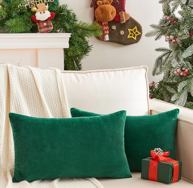 Pack of 2 Christmas Green Pillow Covers 12x20 Inch Decorative Throw Pillow Cover, Velvet Lumbar Emerald Pillowcases for Couch Sofa Bed, Home Boho Decor, Modern Soft Cushion Covers