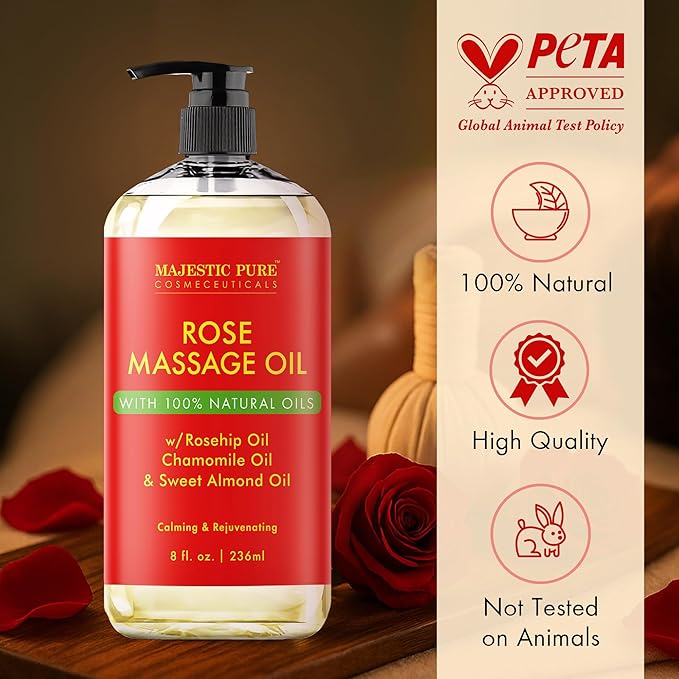 MAJESTIC PURE Rose Massage Oil for Massage Therapy - Refreshing, and Relaxing - Natural Oils - for All Skin Types - Men and Women Massage Lotion- 8 fl oz