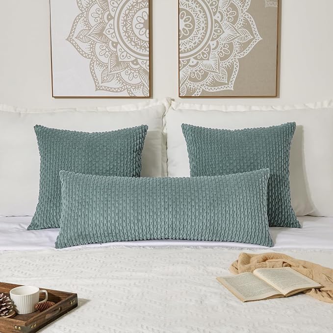 Kevin Textile Soft Corduroy 20"x54" Body Pillow Cover 1 Pack, Teal Green | Boho Stripe Plush Corduroy Decorative Oblong Cushion Cover Modern Farmhouse Home Decor for Sofa Couch Bed Chair