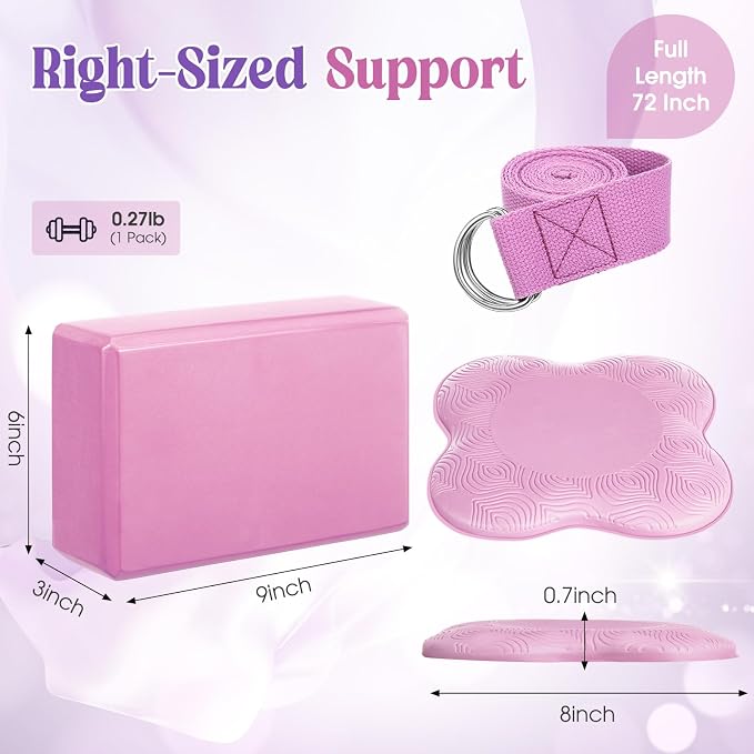 RoundFunny 5 Pcs Yoga Blocks Knee Pads Yoga Strap Set Soft Premium Foam Blocks Accessories for Pilates Meditation General Fitness Stability, Kneeling, Balance, Deepen Stretches and Toning