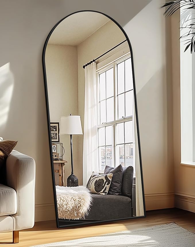 Arched Full Length Mirror with Stand, 70x30 Black Floor Mirror | Aluminium alloy frame with HD float glass for distortion-free reflection. Free standing or wall mounted.