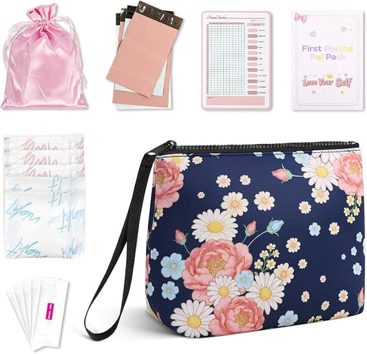 First Period Kit for Girls, Neoprene Sanitary Napkin Storage Bag, Menstrual Pad Bag Tampon Holder for Purse, First Period Gifts for 9-12 (Big Floral)