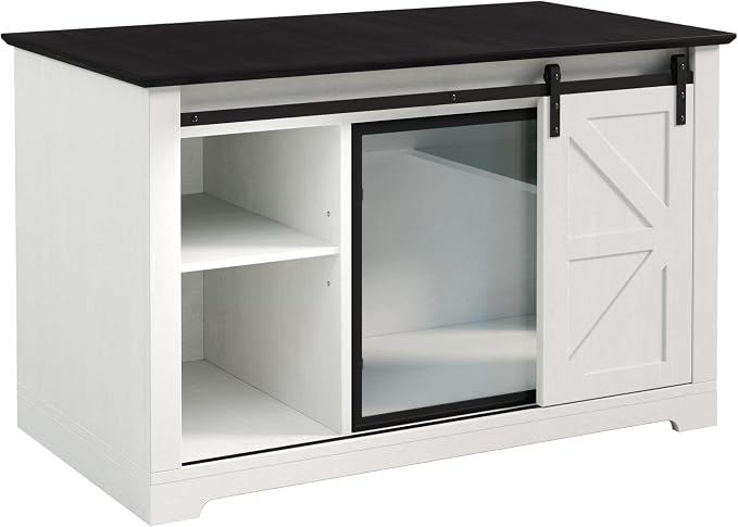 46 Inch Multi-Functional Hidden Cat Litter Box Enclosure with Sliding Barn Door & LED Light, Farmhouse Cat House with Acrylic Door & Storage Cabinet, Can Be Used as Nightstand or Side Table