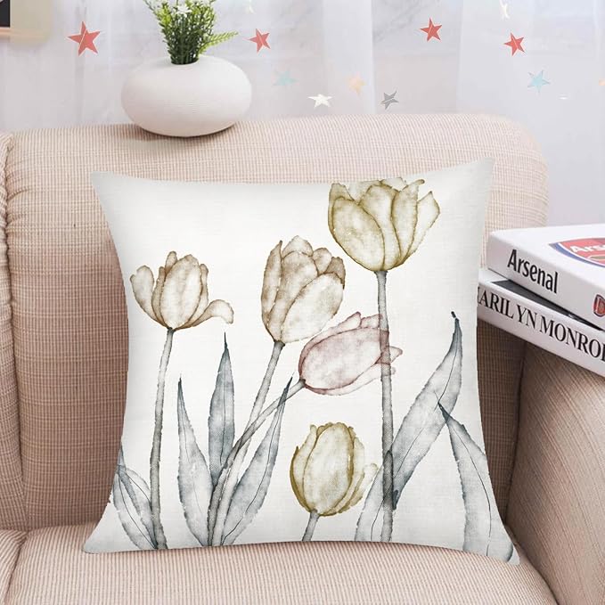 Sage Green Throw Pillow Covers 18x18 Set of 6, Botanical Floral Home Decor | spring summer floral bloom, Standard Throw Pillow Size, Breathable Linen, Neutral flower, Couch Sofa Living Room, home decor