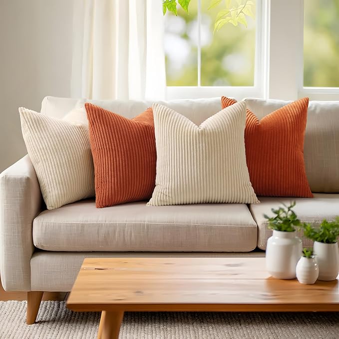 Mecatny Corduroy Fall Decorative Throw Pillow Covers 24x24 Set of 2 Rust | Soft Striped Texture, Hidden Zipper Design, Neutral Boho Square Pillow Cases for Sofa Couch Living Room Bedroom, Home Décor