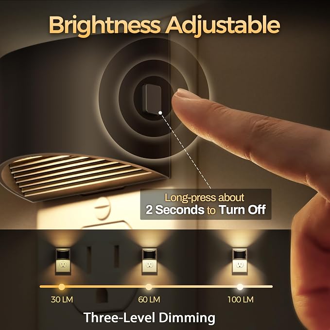 Night Light, Night Lights Plug into Wall, Adjustable, 3000K | 3 Level Brightness Adjustable Night Light, Dusk to Dawn Sensor, Nightlights for Adults, Bedroom, Bathroom, Hallway, 2 packs