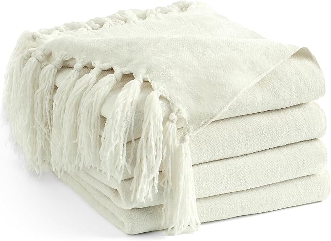 Chenille Throw Blanket for Couch 60" x 80" Twin, Ivory White | Soft Cozy Warm Throws with Fringe Tassel, for Living Room Bed Sofa Chair Cover, Lightweight Knitted Decorative Boho Blankets
