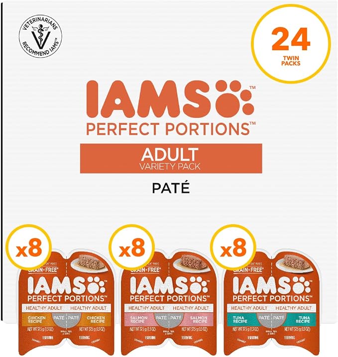 IAMS Perfect Portions Healthy Adult Wet Cat Food, Pate Variety, 24 Count | Grain-free, Chicken & Salmon recipes, Omega 6 & 3 for skin & coat, supports digestion, 2.6 oz. twin-pack trays