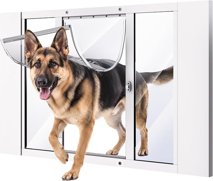 Dog Door for Window, Aluminum Frame Window Pet Door, Adjustable to Fit 33"-38" Width Sliding Windows, Magnetic Closure, Fits Dogs up to 200lb, Extra Large-Plus