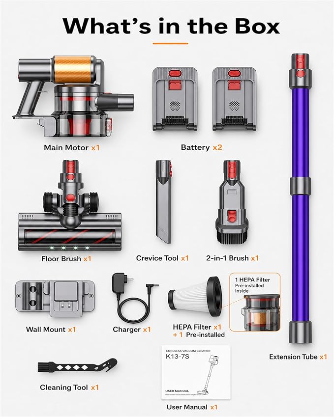 Cordless Stick Vacuum Cleaner, 2 Batteries 120 Mins for Home, Pet Hair | 600W 50KPA Powerful, Self-Standing, Tangle-Free Brush, LED Display, Vacuum Cleaner for Hardwood Floor, Carpet
