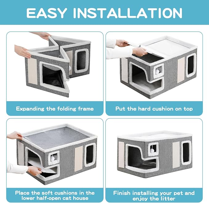 Large Cat Houses for Indoor Cats, Extra Wide Cat Cave Bed with Scratch Pad and Fluffy Ball, Foldable Cat Hideaway Condo for Large Cats, Modern Kitten Bed,23x16x13 inches (Grey, X-Large)