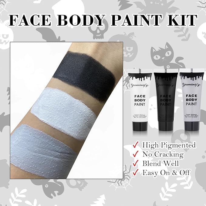Skeleton Halloween Makeup Kit,Black White Light Gray Face Paint Kit,Water Based Light Grey Body Paint for Skull Zombie Makeup,SFX Face Painting Kit with Setting Powder for Adults & Kids
