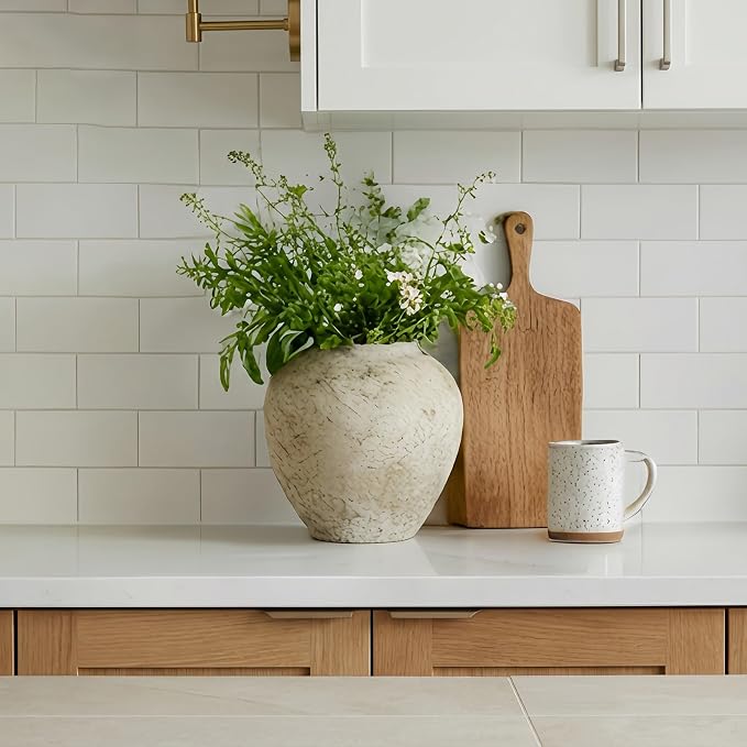 Hanyi Ceramic Rustic White Vase, 8.35 inch Farmhouse Sand Glaze Finish Vintage Boho Decor for Table, Living Room, Bathroom, Shelf, Mantel