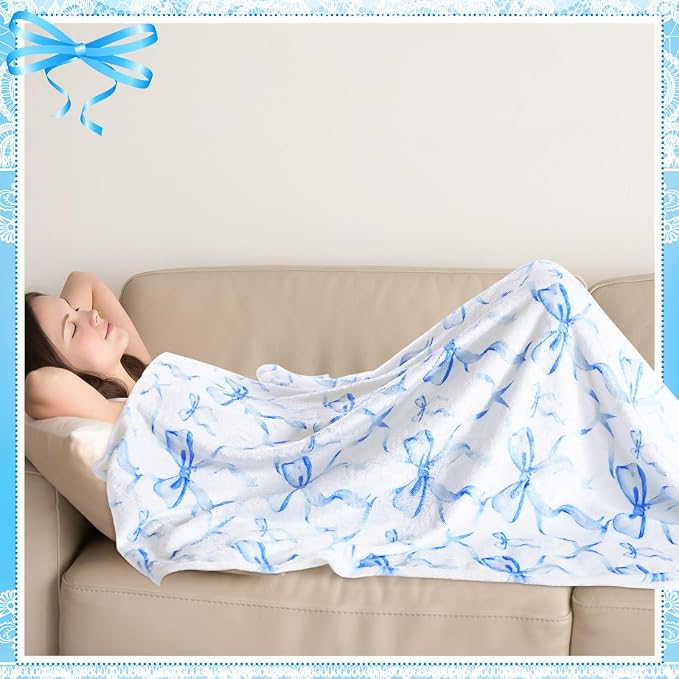 Blue Bow Throw Blanket 50"x60" Soft Flannel for Girls Women | Coquette Aesthetic Decor with Ruffled Edges, Ultra Plush Bed Sofa Blanket, Preppy Gift for Teens, Back to School Dorm Room