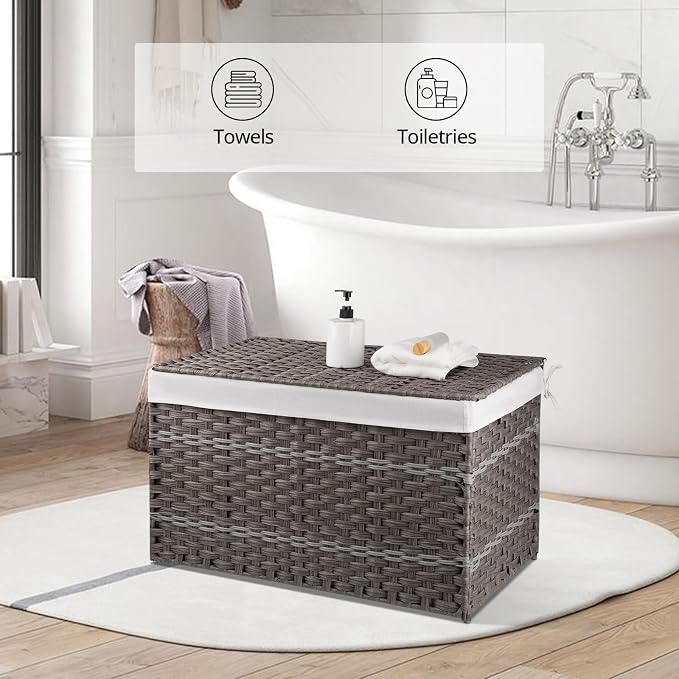 OIAHOMY Storage Basket with Lid, 42.3 Gallon (160L) Blanket Basket with Removable Liner Bag, Synthetic Wicker Hamper with Handle, Foldable, Hamper for Living Room, Grey