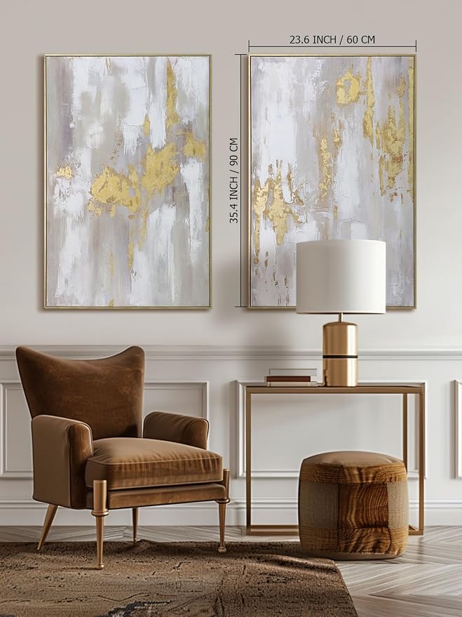 Zessonic Modern Gold and Neutral Abstract Textured Large Wall Art,24"x36"x2 | Framed Morden Canvas Artworks Wall Decor,Neutral Abstract Canvas Prints - Contemporary Decor for living room Bedroom Office