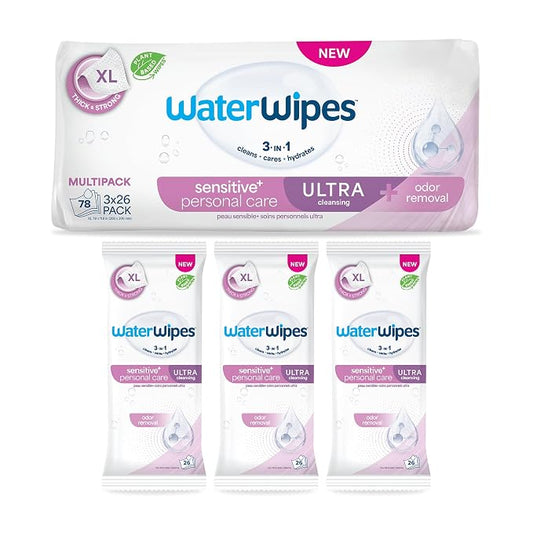 WaterWipes Sensitive Personal Care Ultra, Incontinence Wipes, Odor Removal, Heavy Duty XL Textured Wipes, Fragrance Free, 78 Count (3 Packs)