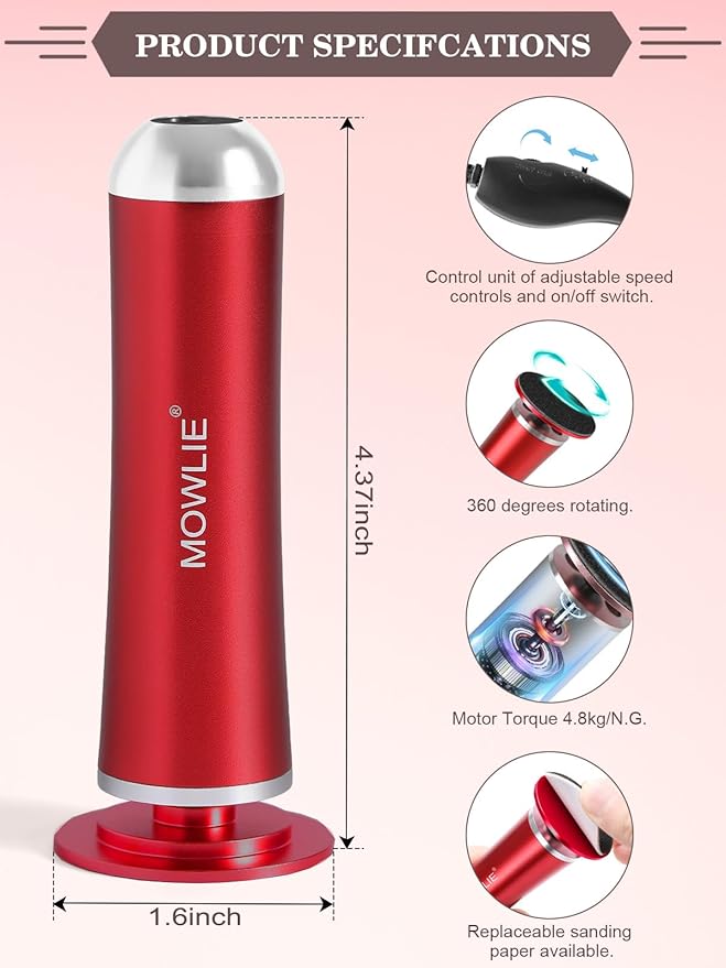 Electric Foot Callus Remover,MOWLIE Electric Foot Care Tools with Speed Controller and 60pcs Replacement Sandpaper Disk for Men Women Dead Dry Crack Skin Calluses(red)