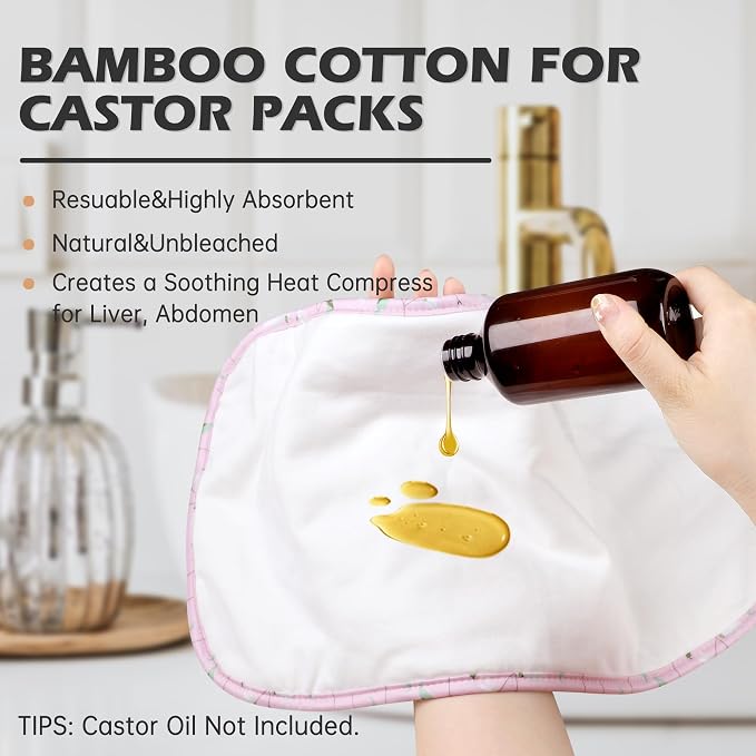 2 Pack Castor Oil Pack Wrap Organic Cotton for Liver Detox, Reusable Castor Oil Compress Highly Absorbent Anti Oil Leak（Oil are Not Include）