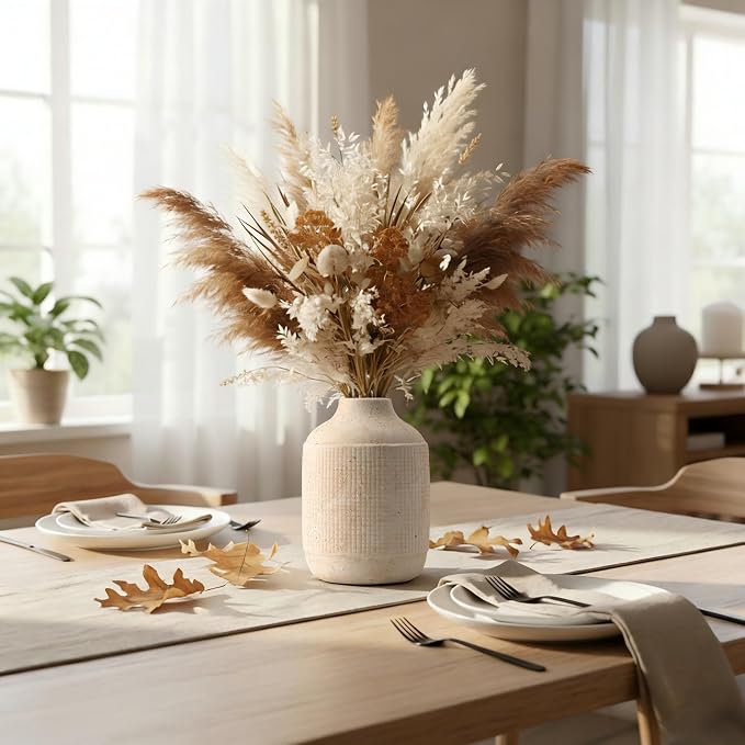 SIDUCAL Ceramic Rustic Farmhouse Vase | 7 Inch Pottery Decorative Flower Sand Glaze Finish Boho Vase for Home Decor, Table, Living Room, Bathroom Decoration, Shelf Decor, Mantel, White