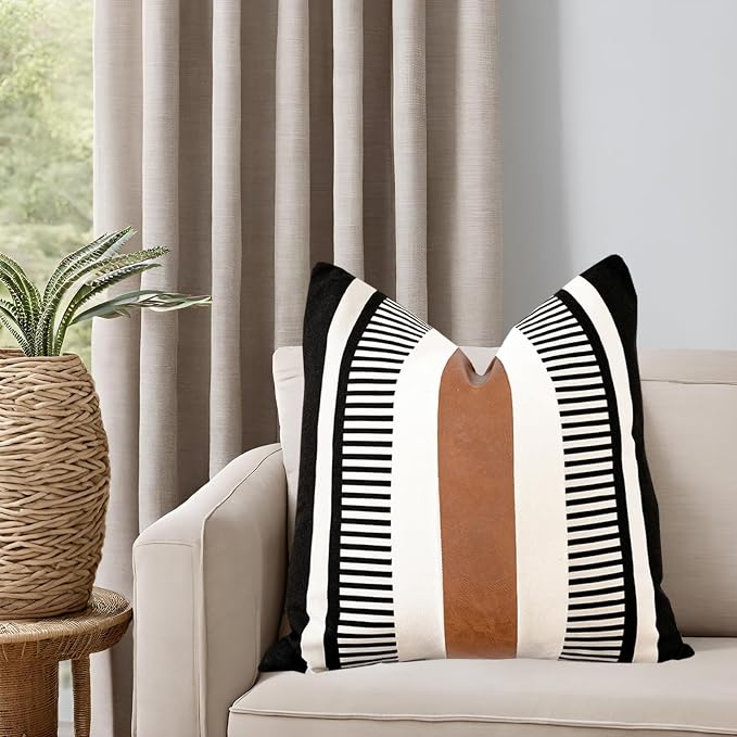 Black White Boho Pillow Cover with Leather Modern Couch Cushion Cover 22x22 inch Farmhouse Stripe Pillowcase for Couch Bed, Black
