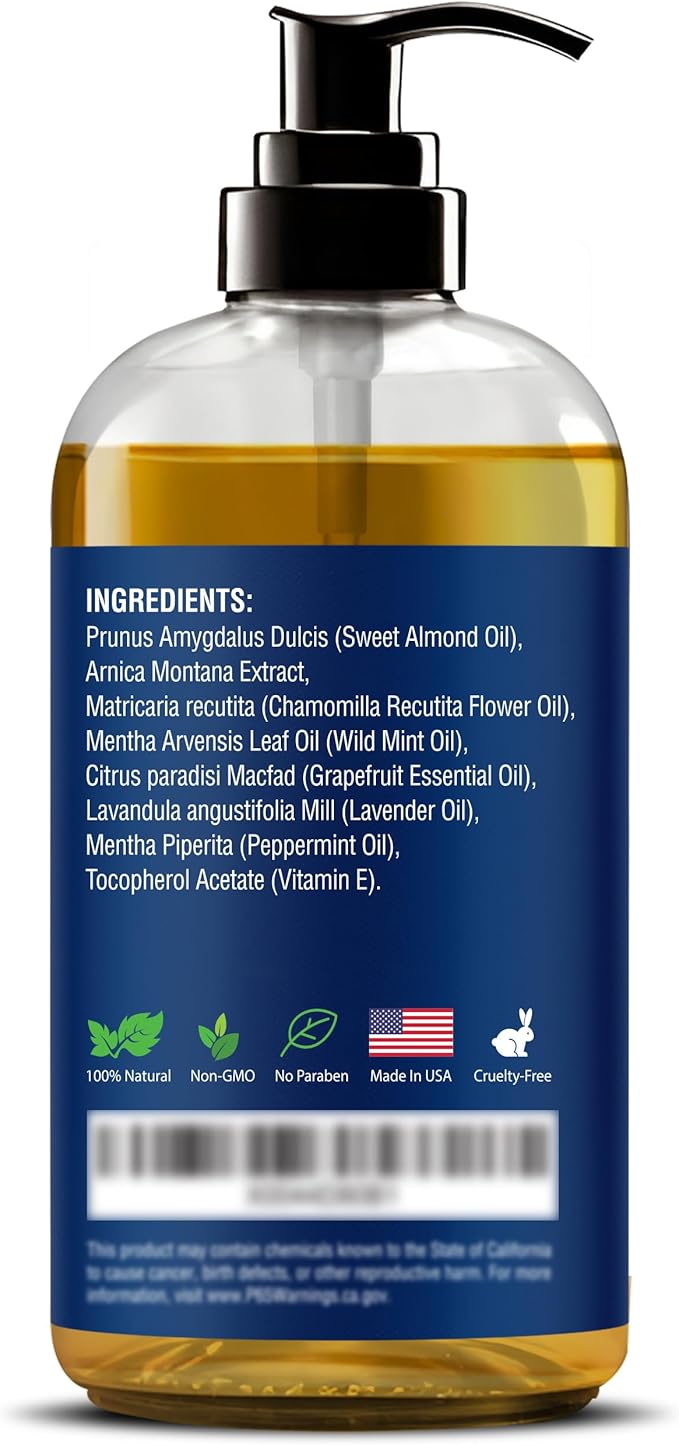 Sore Muscle Massage Oil for Massage Therapy 8 fl oz - Refreshing and Relaxing - Natural Oils with Arnica, Peppermint and Lavender Oil - for Men and Women - Nexon Botanics
