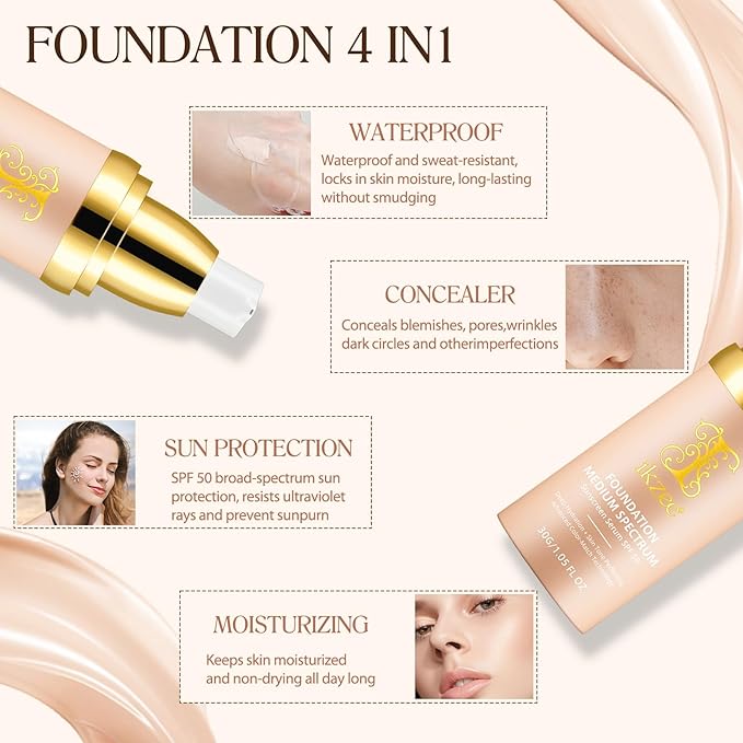 Color Changing Foundation 4 in 1 Medium Spectrum, Flawless Foundation Color Changing Makeup Full Coverage SPF50+, Waterproof Moisturizing Foundations for Mature Skin Hides Wrinkles and Lines, 30ml