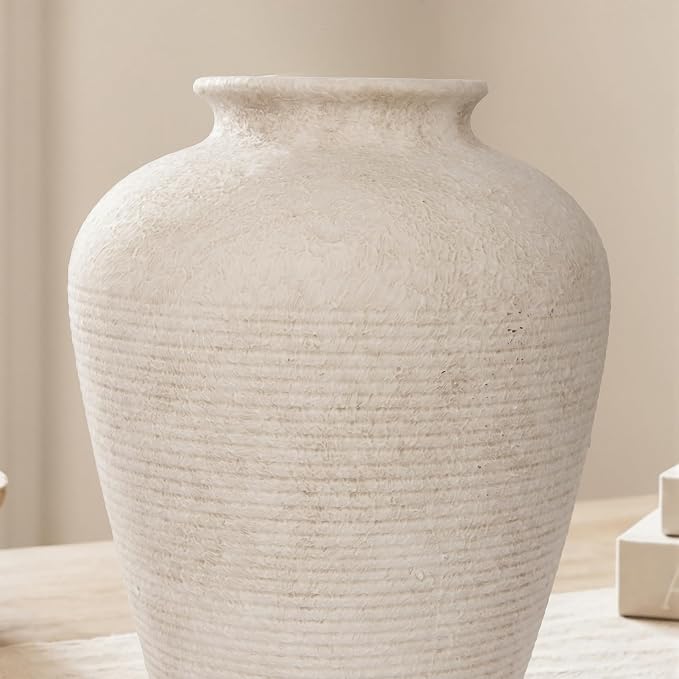 8.3" Beige Ceramic Vase, Small Vase with Rustic Bottle Shape | Vintage ceramic vase in light beige; small decorative vase for fresh flowers, dried stems, pampas grass, shelves and tables