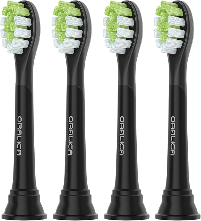 Oralica - Japanese Brand Whitening Replacement Toothbrush Heads, Compatible with Philips Sonicare Click-on Handles, 4 Pack, Medium, with Tongue Cleaner (CA668, Black)